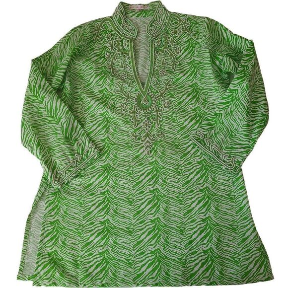 Barbara Gerwit Womens Tunic Blouse Embellished Beads Long Sleeve Green Medium - Picture 2 of 13